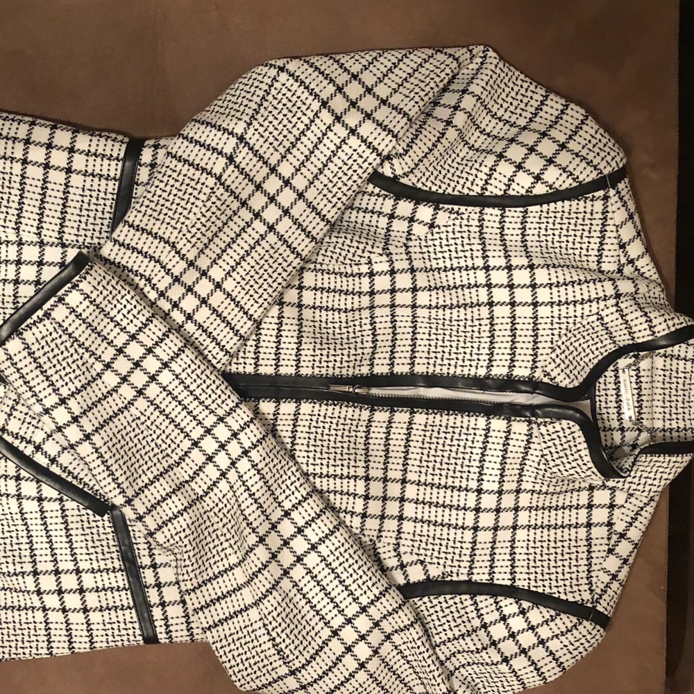 WHBM Long Ivory Jacket with Leather Trim - Size XS